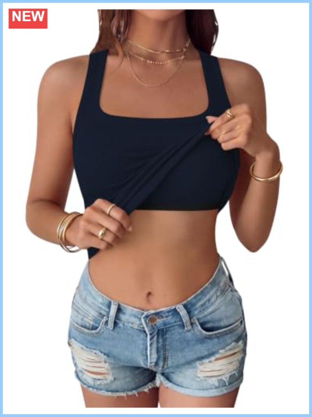Built in Bra Ribbed Tank Top Racerback Square Neck Slim Fit